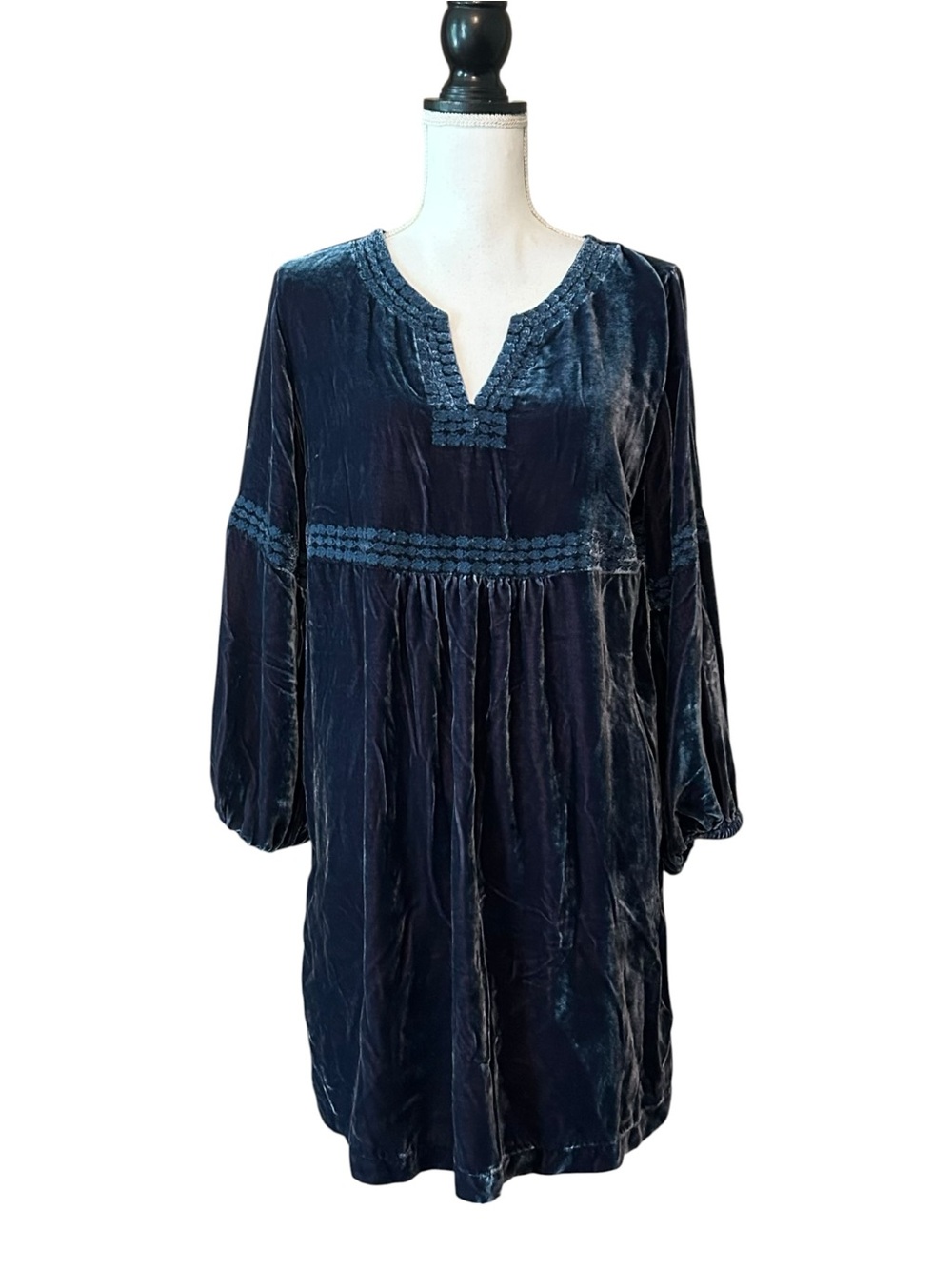 Sundance Crushed Velvet Boho‎ Babydoll Mini Dress with Embroidery SZ PM in Blue